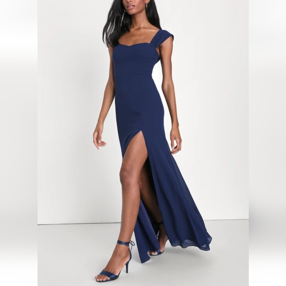 Lulus NWT Magical Magnetism Navy Blue Off-the- Shoulder Maxi Dress